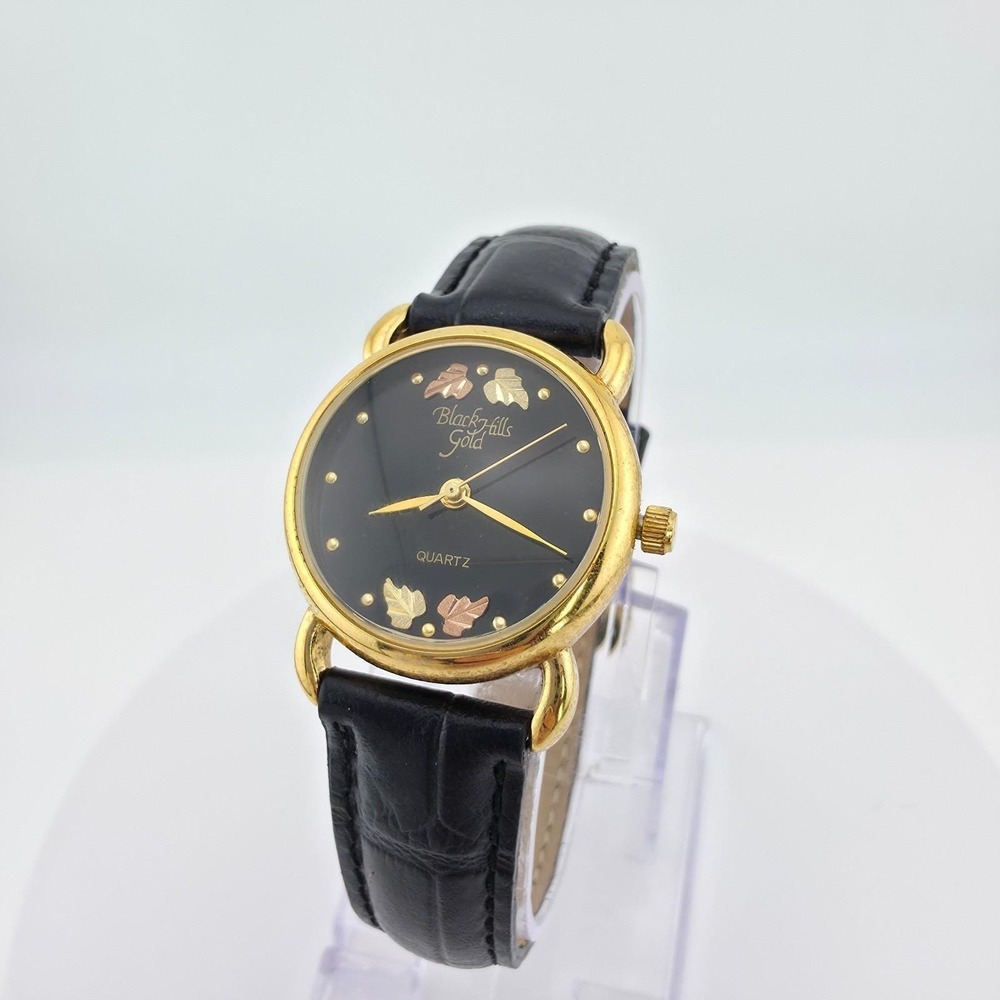 Vtg BLACK HILLS GOLD Ladies Watch 12K Rose & Yellow Gold Leaves Black Band 7.5"